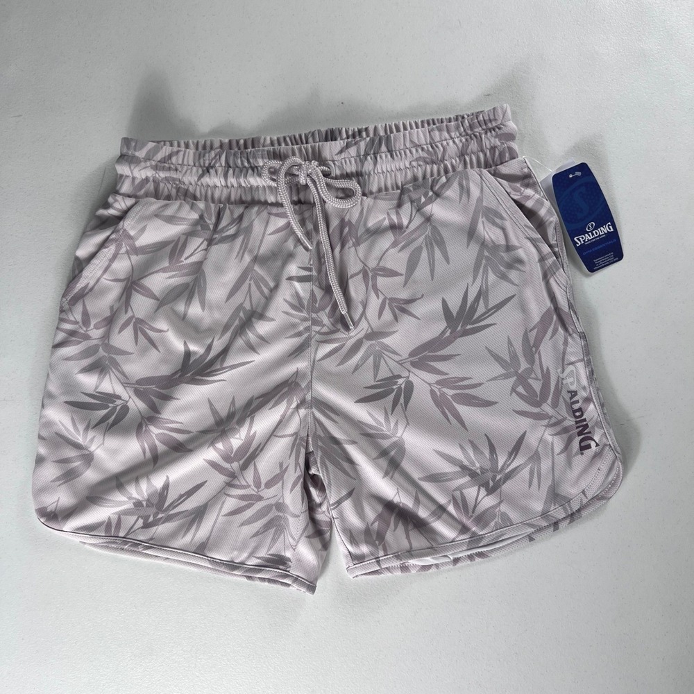 Spalding Womens Lilacash Bamboo Mesh Athletic Shorts Purple Leaf Print Sz M‎ NWT